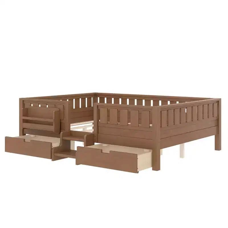 Lit pour tout-petits Bellemave Queen Size avec 14 barrières de sécurité, cadre de lit peu encombrant avec étagères intégrées et 2 tiroirs de rangement sous le lit