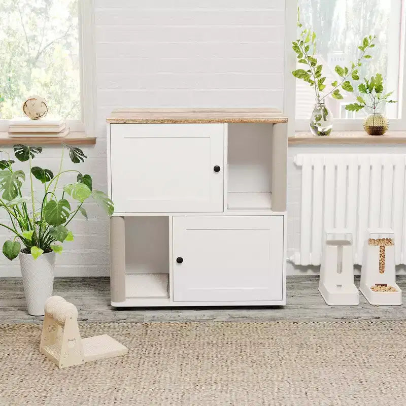 Meuble cache-litière double avec poteaux à griffer et tapis de litière à double couche pour animaux de compagnie d'intérieur