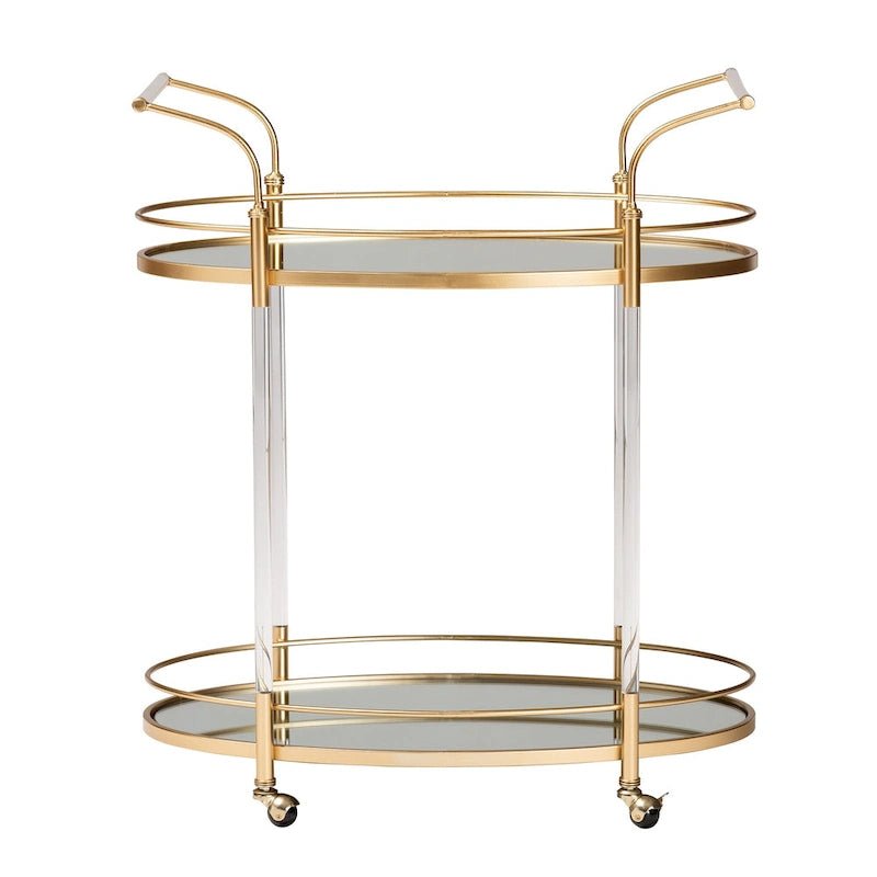Desserte à roulettes de bar 2 niveaux en métal doré et verre miroir avec garde-corps surélevés