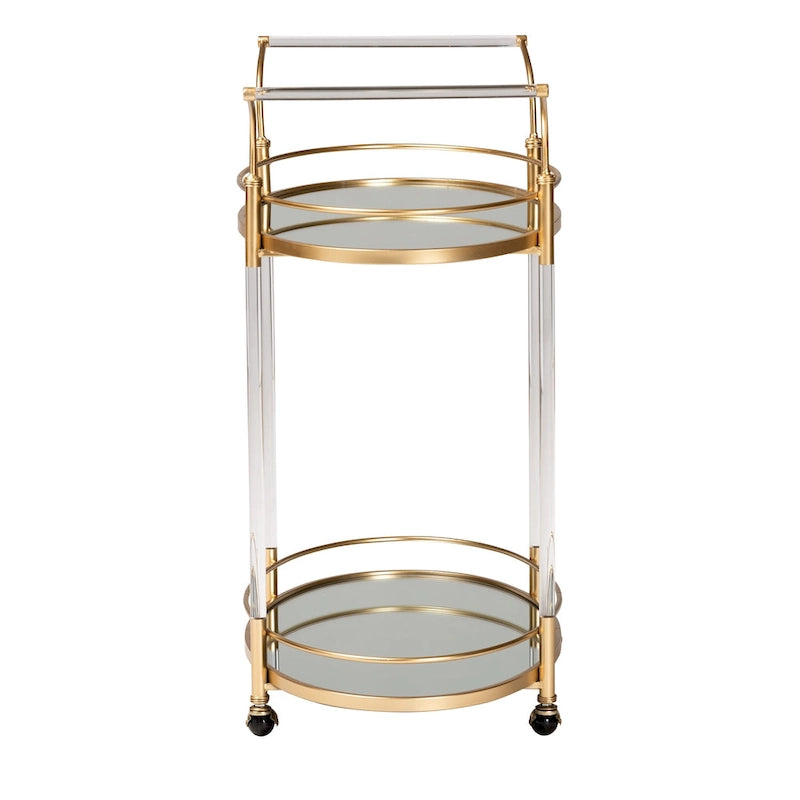 Desserte à roulettes de bar 2 niveaux en métal doré et verre miroir avec garde-corps surélevés