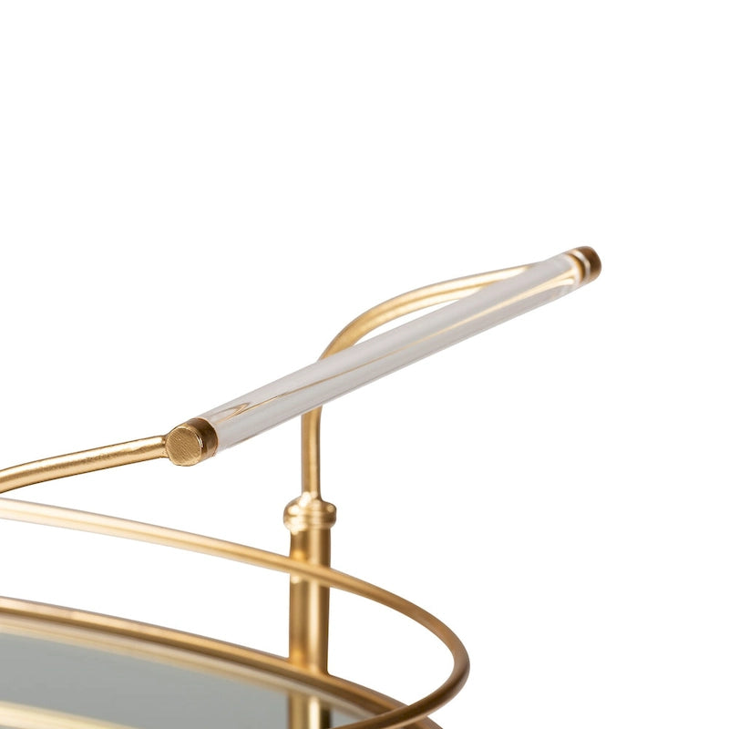 Desserte à roulettes de bar 2 niveaux en métal doré et verre miroir avec garde-corps surélevés