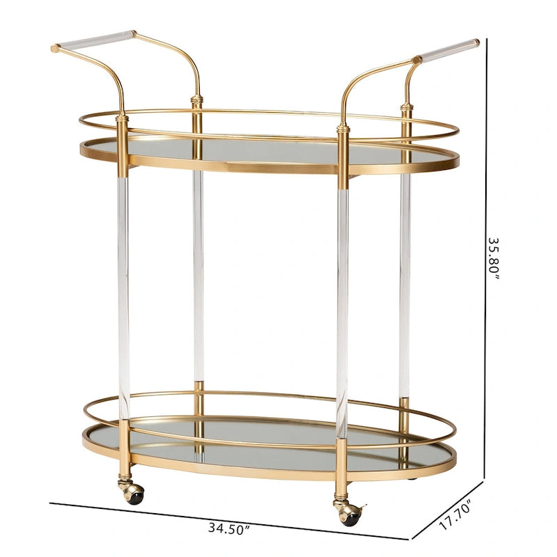 Desserte à roulettes de bar 2 niveaux en métal doré et verre miroir avec garde-corps surélevés