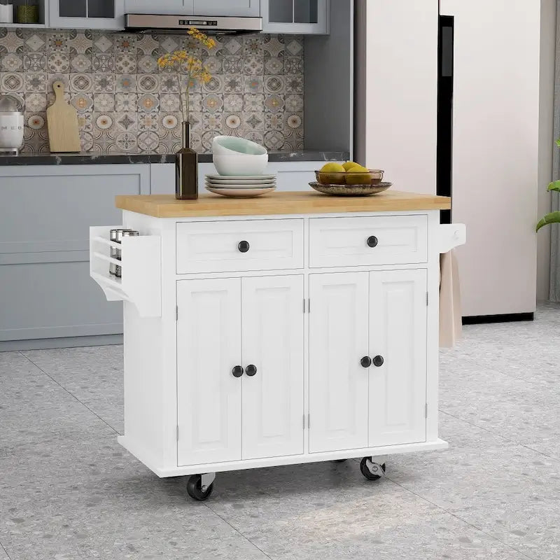 Îlot de cuisine roulant avec plateau en bois, 2 tiroirs, meuble 4 portes et porte-serviettes