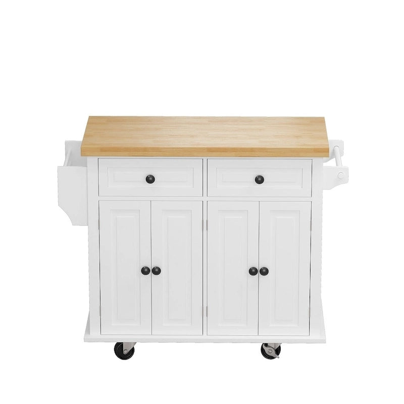 Îlot de cuisine roulant avec plateau en bois, 2 tiroirs, meuble 4 portes et porte-serviettes