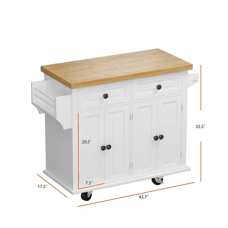 Îlot de cuisine roulant avec plateau en bois, 2 tiroirs, meuble 4 portes et porte-serviettes