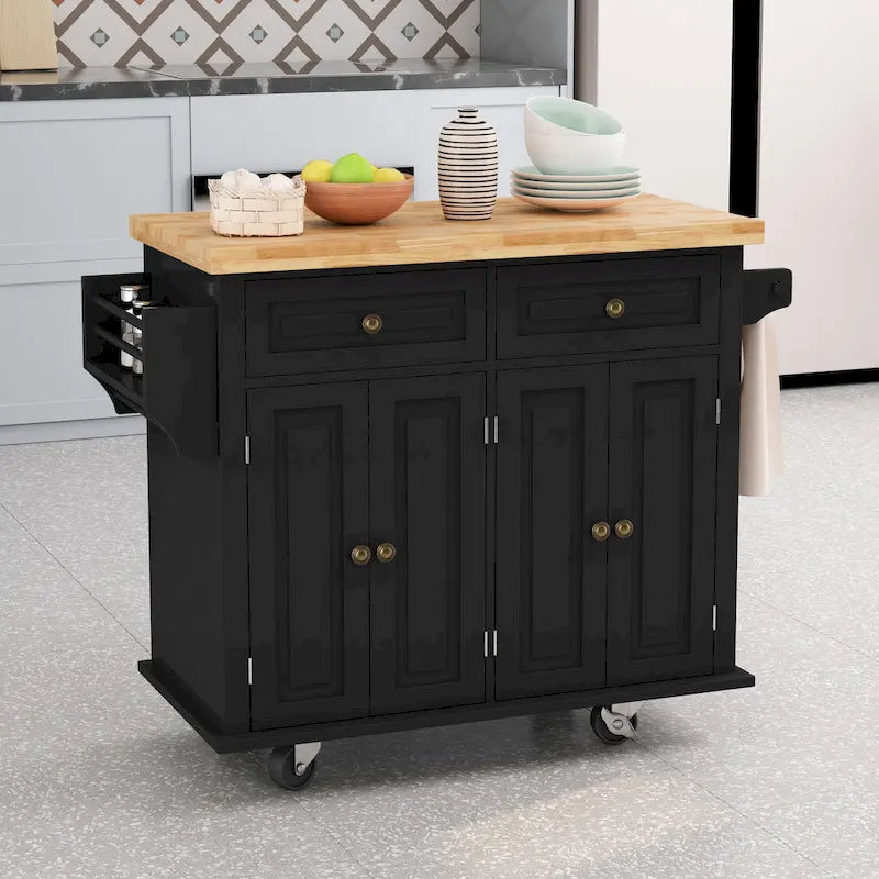 Îlot de cuisine roulant avec plateau en bois, 2 tiroirs, meuble 4 portes et porte-serviettes
