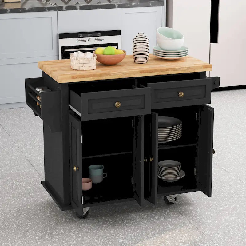 Îlot de cuisine roulant avec plateau en bois, 2 tiroirs, meuble 4 portes et porte-serviettes