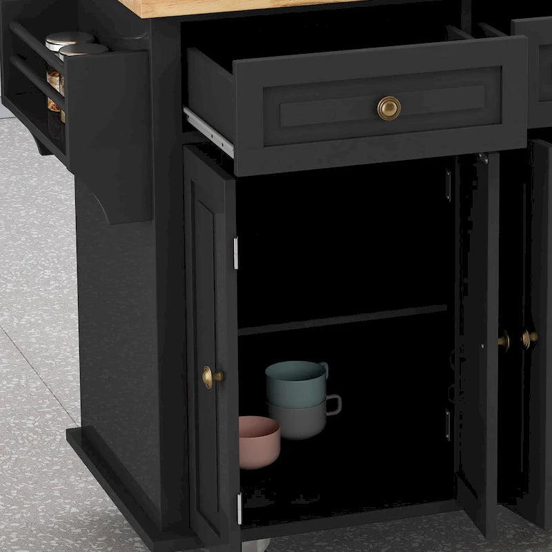 Îlot de cuisine roulant avec plateau en bois, 2 tiroirs, meuble 4 portes et porte-serviettes