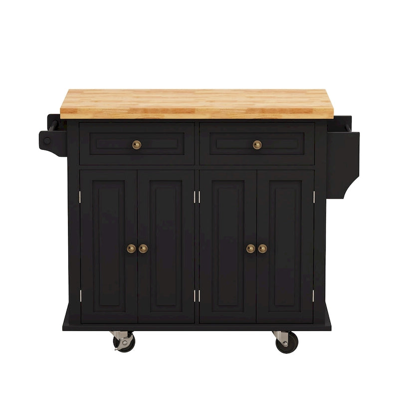 Îlot de cuisine roulant avec plateau en bois, 2 tiroirs, meuble 4 portes et porte-serviettes