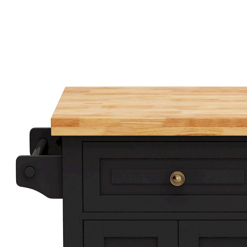 Îlot de cuisine roulant avec plateau en bois, 2 tiroirs, meuble 4 portes et porte-serviettes