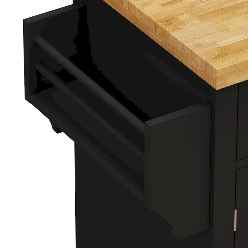 Îlot de cuisine roulant avec plateau en bois, 2 tiroirs, meuble 4 portes et porte-serviettes