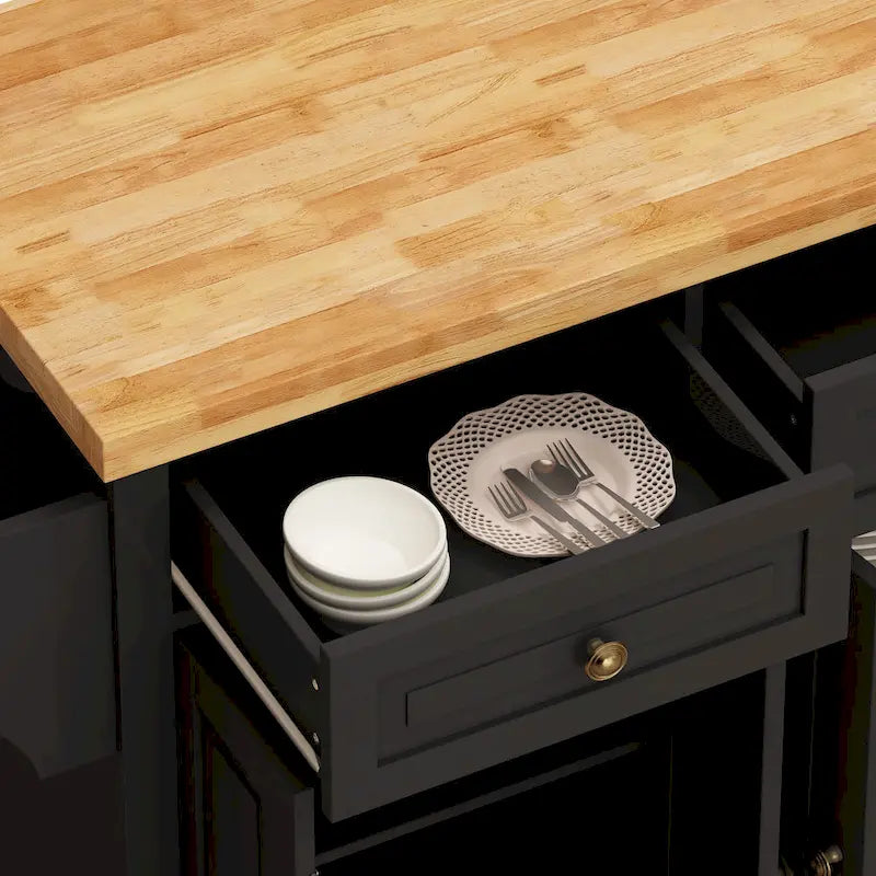 Îlot de cuisine roulant avec plateau en bois, 2 tiroirs, meuble 4 portes et porte-serviettes