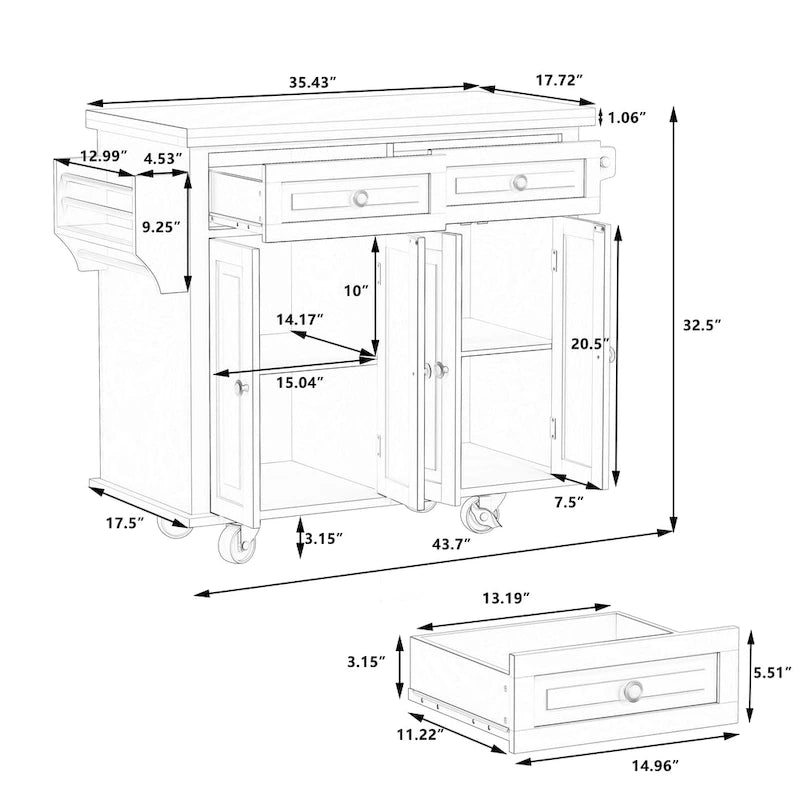 Îlot de cuisine roulant avec plateau en bois, 2 tiroirs, meuble 4 portes et porte-serviettes