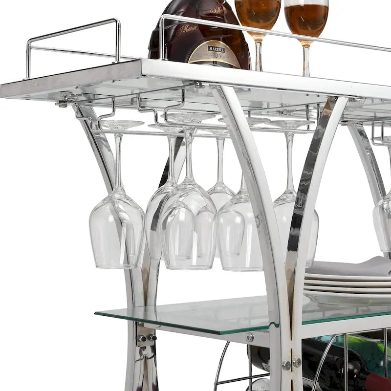 Desserte de bar roulante à 3 niveaux en verre trempé avec porte-bouteilles et 16 porte-verres