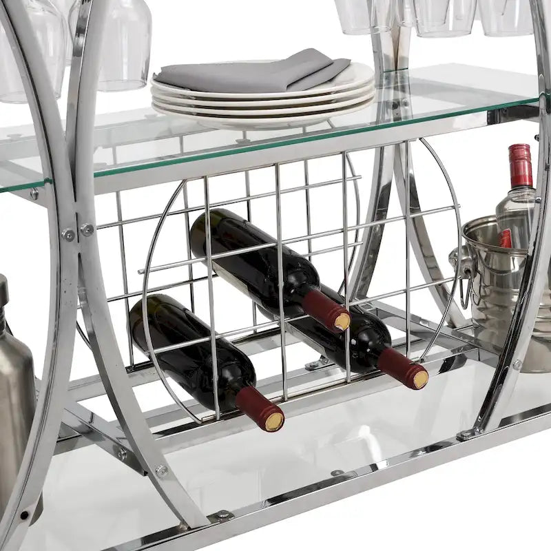 Desserte de bar roulante à 3 niveaux en verre trempé avec porte-bouteilles et 16 porte-verres