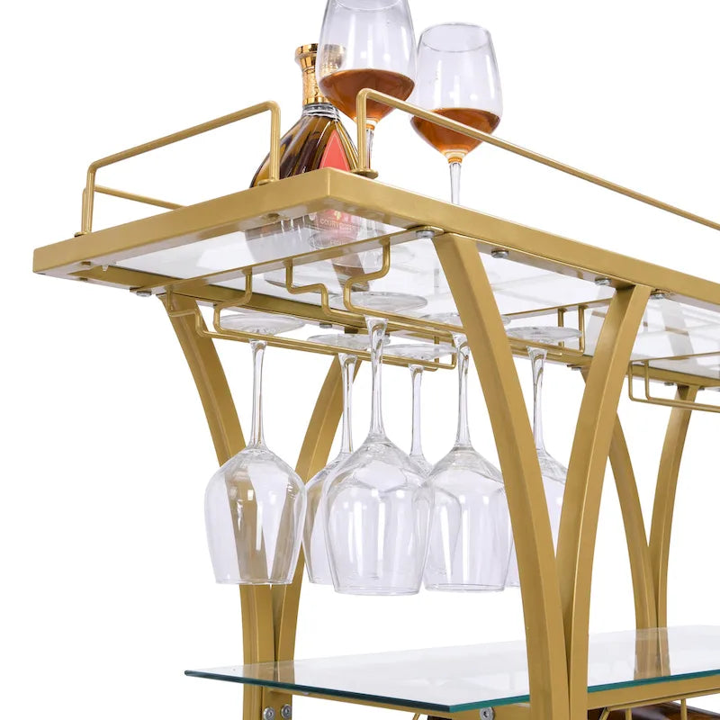 Desserte de bar roulante à 3 niveaux en verre trempé avec porte-bouteilles et 16 porte-verres
