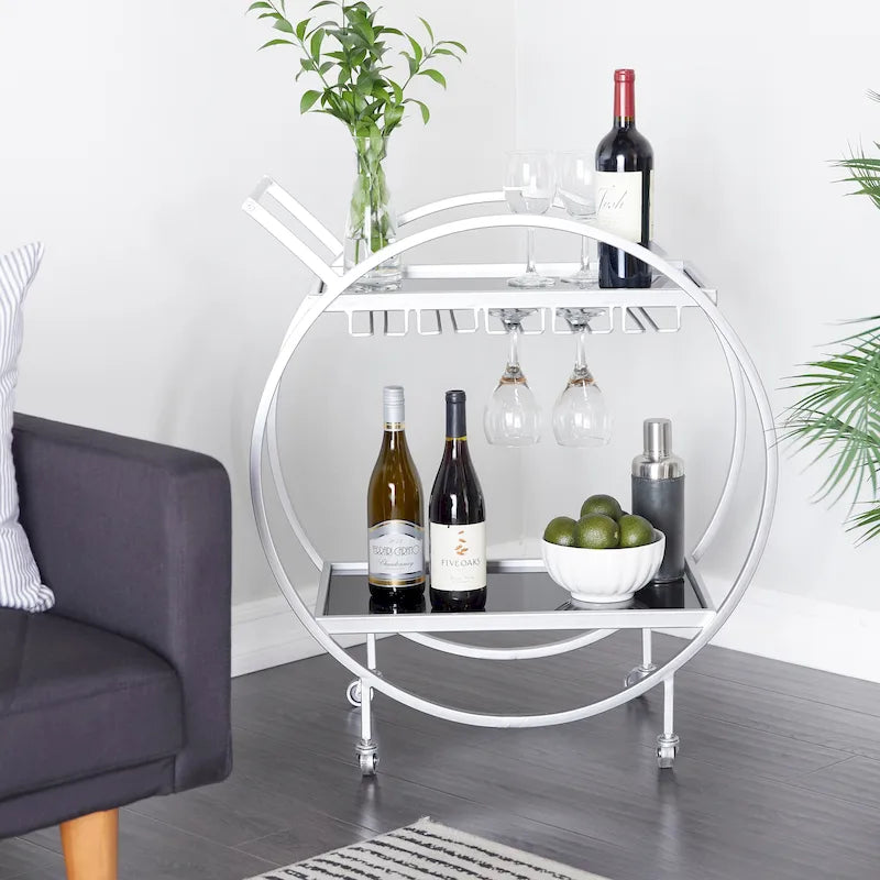 Dessert de bar rond en fer doré avec étagères miroir et porte-verres à vin