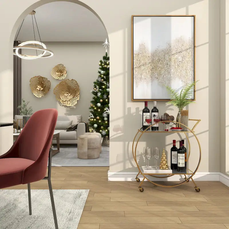 Dessert de bar rond en fer doré avec étagères miroir et porte-verres à vin