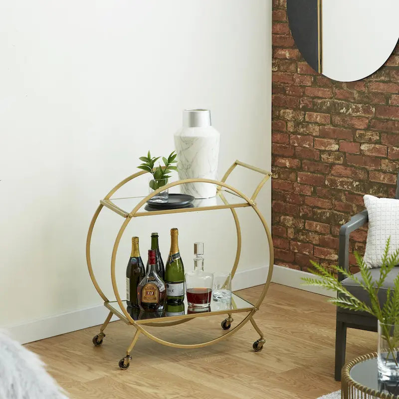 Dessert de bar rond en fer doré avec étagères miroir et porte-verres à vin