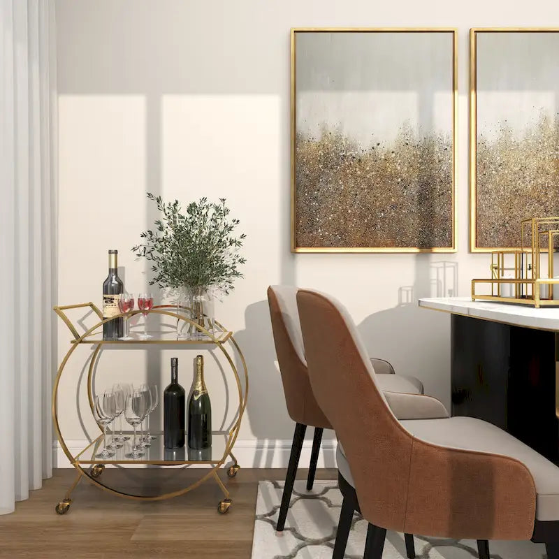 Dessert de bar rond en fer doré avec étagères miroir et porte-verres à vin