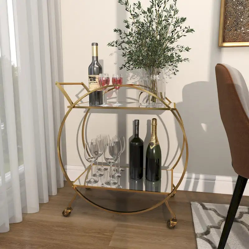 Dessert de bar rond en fer doré avec étagères miroir et porte-verres à vin