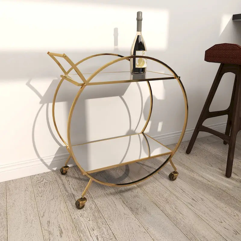 Dessert de bar rond en fer doré avec étagères miroir et porte-verres à vin