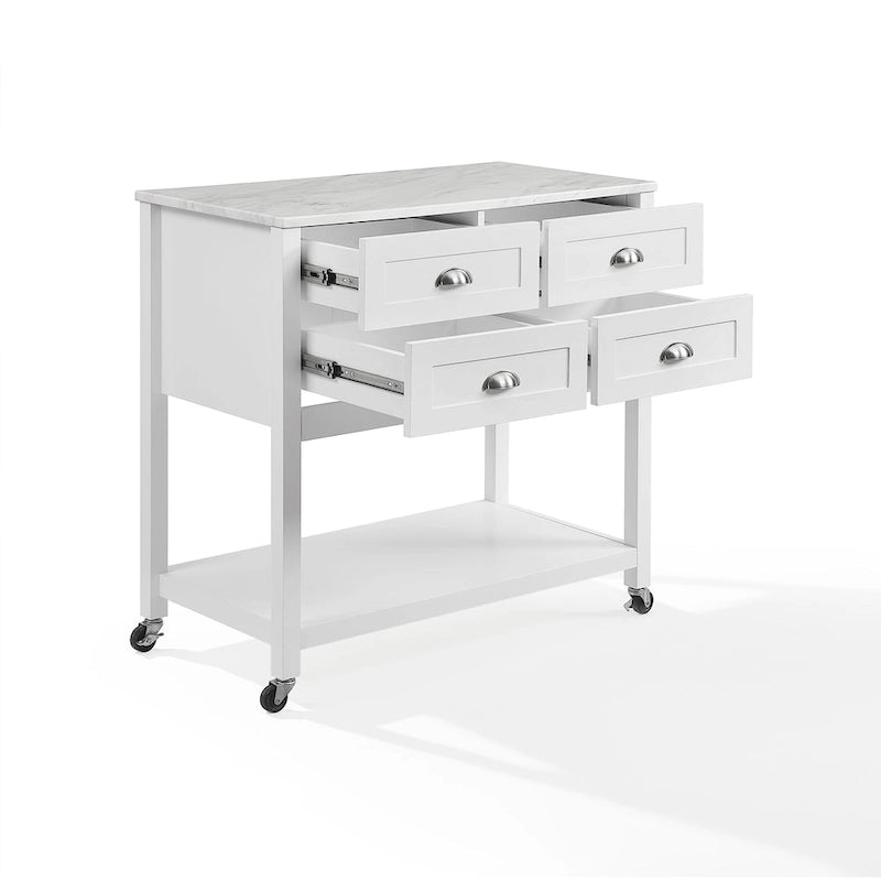 Dessertes d'îlot de cuisine style ferme moderne avec 4 tiroirs, plateau en faux marbre et roulettes