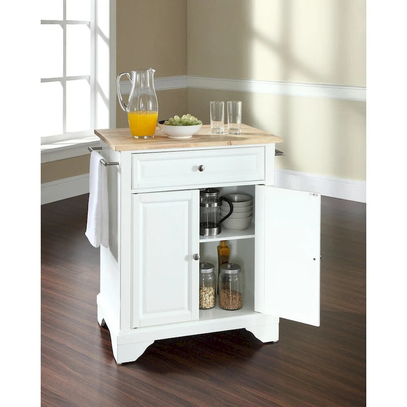 Îlot de cuisine compact blanc portable avec tiroir supérieur en acier inoxydable et barres porte-serviettes