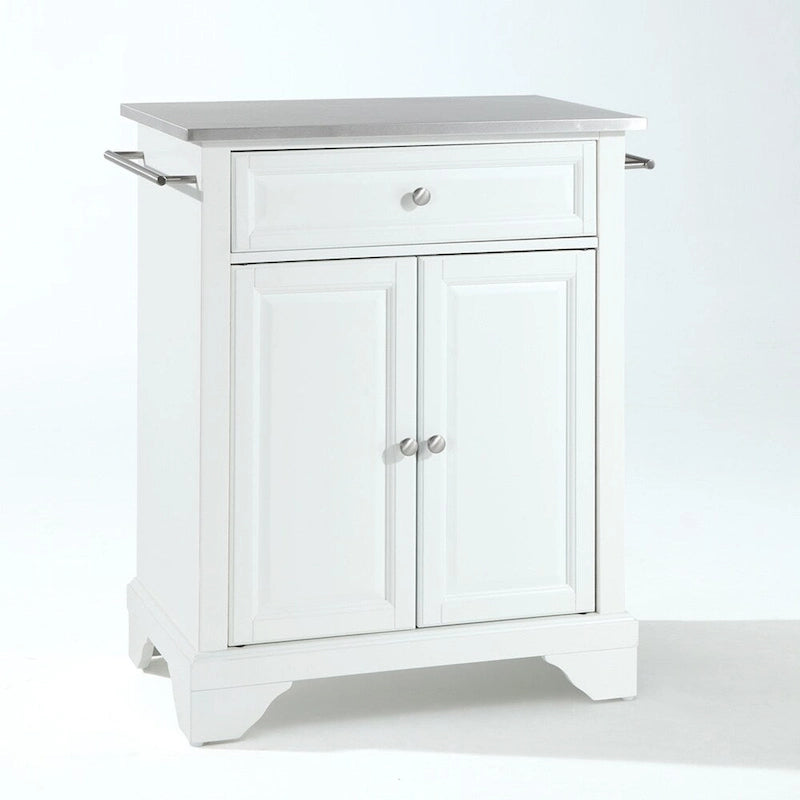 Îlot de cuisine compact blanc portable avec tiroir supérieur en acier inoxydable et barres porte-serviettes