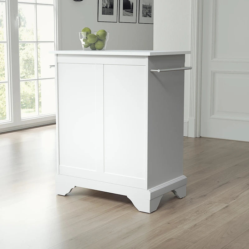 Îlot de cuisine portable blanc avec plateau en granit blanc, tiroir et barres porte-serviettes