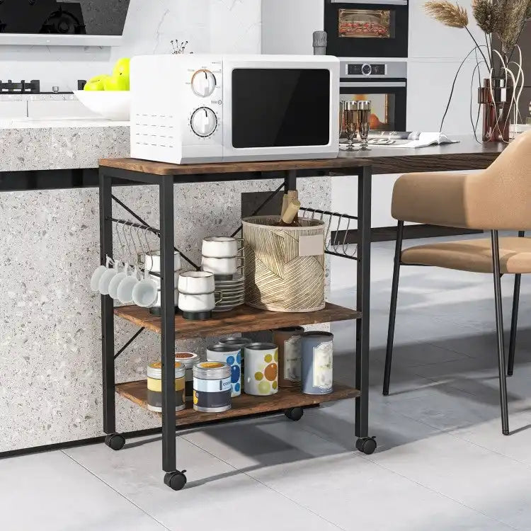 Desserte de cuisine roulante marron rustique à 3 niveaux pour four à micro-ondes avec crochets en S