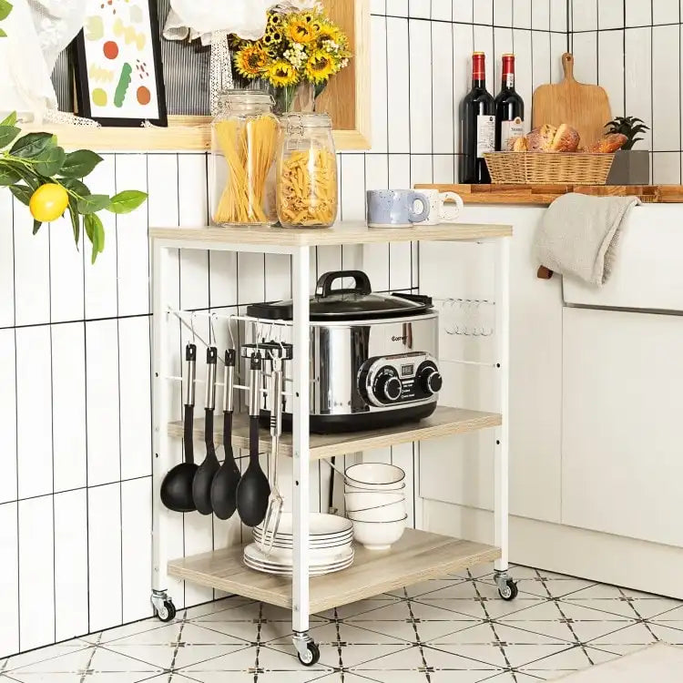 Desserte de cuisine roulante marron rustique à 3 niveaux pour four à micro-ondes avec crochets en S