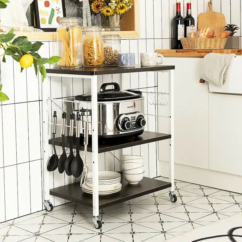 Desserte de cuisine roulante marron rustique à 3 niveaux pour four à micro-ondes avec crochets en S