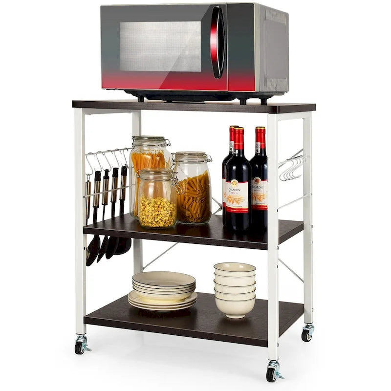Desserte de cuisine roulante marron rustique à 3 niveaux pour four à micro-ondes avec crochets en S