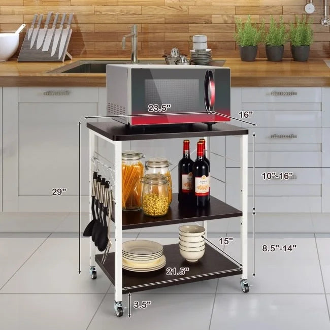 Desserte de cuisine roulante marron rustique à 3 niveaux pour four à micro-ondes avec crochets en S