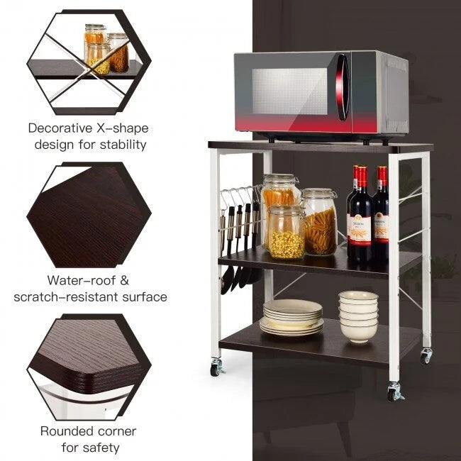 Desserte de cuisine roulante marron rustique à 3 niveaux pour four à micro-ondes avec crochets en S