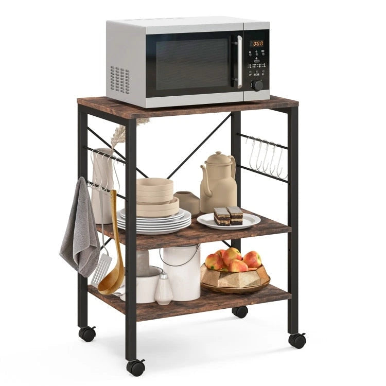Desserte de cuisine roulante marron rustique à 3 niveaux pour four à micro-ondes avec crochets en S