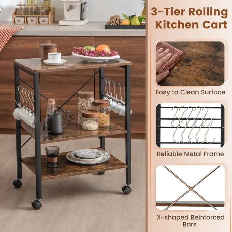 Desserte de cuisine roulante marron rustique à 3 niveaux pour four à micro-ondes avec crochets en S