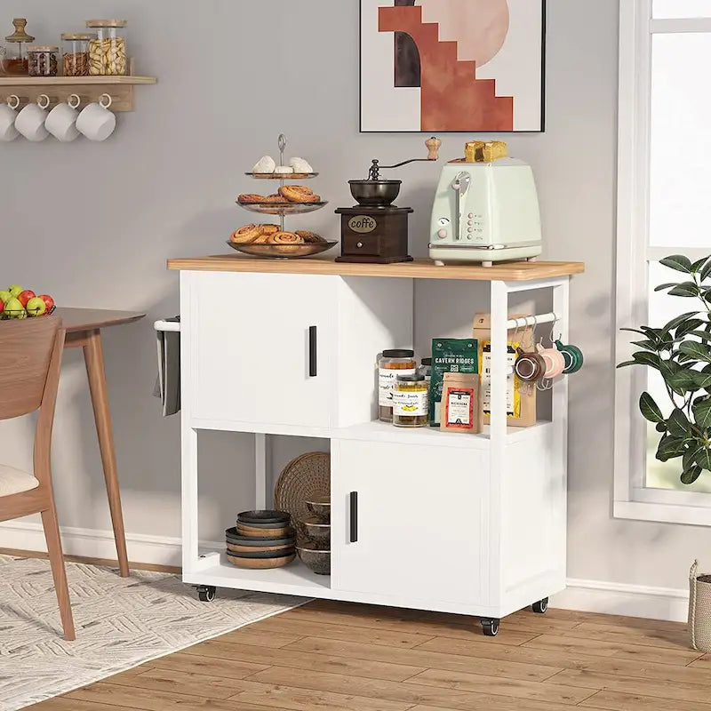 Desserte de cuisine blanche sur roulettes avec tiroir, armoire, étagère ouverte et crochets
