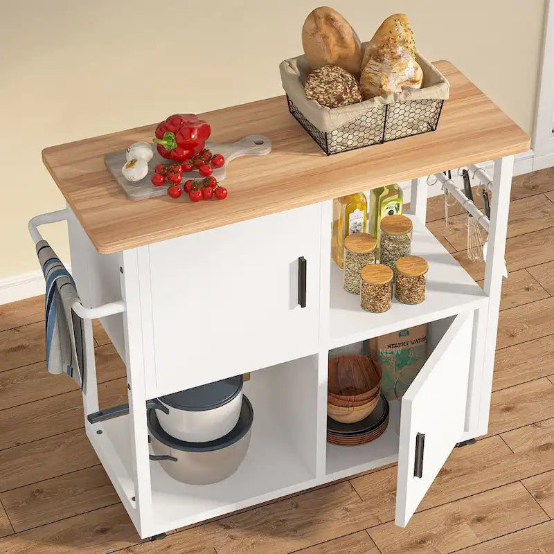 Desserte de cuisine blanche sur roulettes avec tiroir, armoire, étagère ouverte et crochets