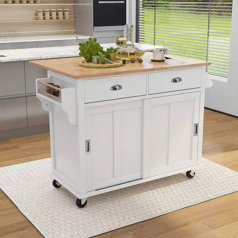 Chariot de cuisine roulant avec dessus en bois d'hévéa rabattable, 2 tiroirs, armoire coulissante et porte-épices