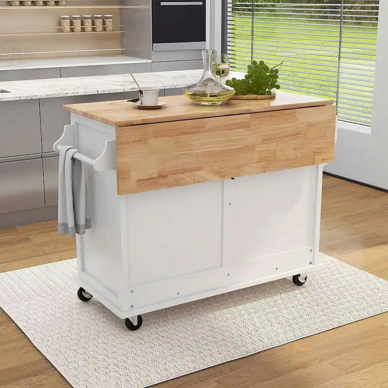 Chariot de cuisine roulant avec dessus en bois d'hévéa rabattable, 2 tiroirs, armoire coulissante et porte-épices