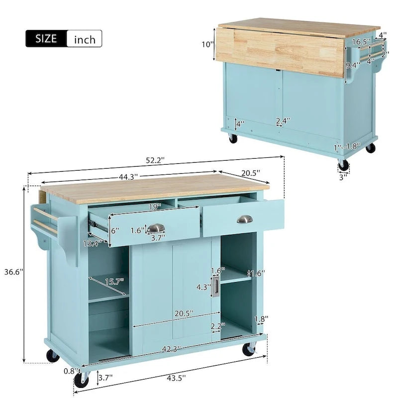 Chariot de cuisine roulant avec dessus en bois d'hévéa rabattable, 2 tiroirs, armoire coulissante et porte-épices