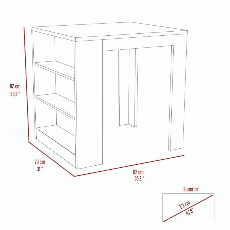 Îlot de cuisine blanc et pin avec étagères ouvertes à 3 niveaux et comptoir hauteur bar