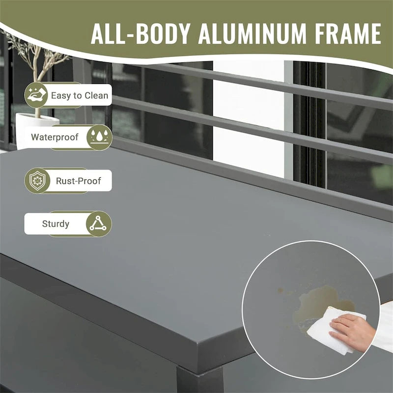 Îlot de cuisine extérieure en aluminium gris avec étagères de rangement et comptoir de qualité alimentaire