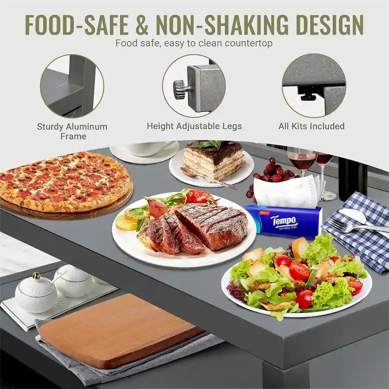 Îlot de cuisine extérieure en aluminium gris avec étagères de rangement et comptoir de qualité alimentaire