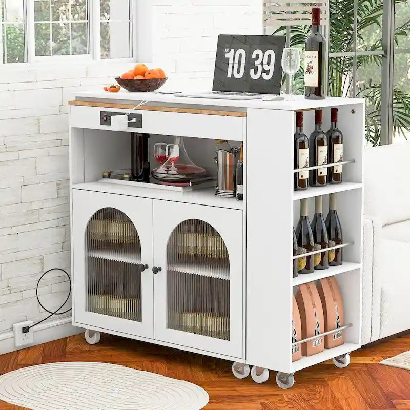 Îlot de cuisine roulant avec table extensible, portes en verre cannelé, casier à vin et prise de courant