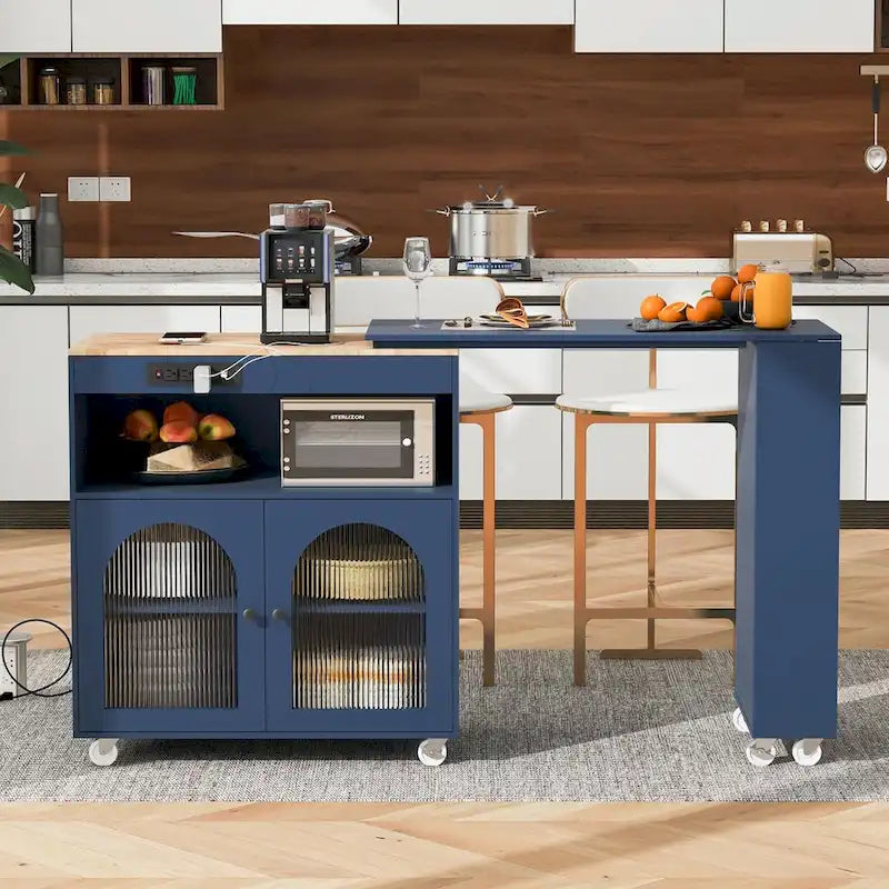 Rolling Kitchen Island: Extended Table, Power Outlets, Glass Doors
