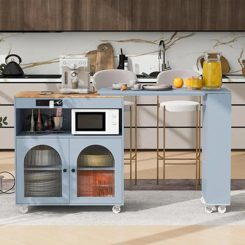 Îlot de cuisine roulant avec table extensible, portes en verre cannelé, casier à vin et prise de courant