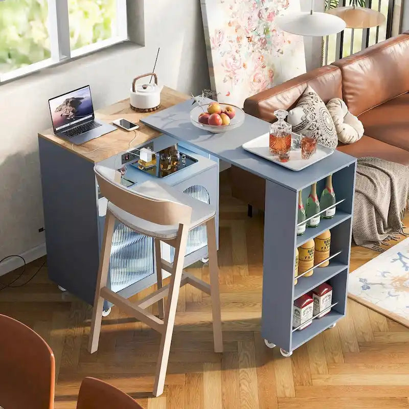 Îlot de cuisine roulant avec table extensible, portes en verre cannelé, casier à vin et prise de courant